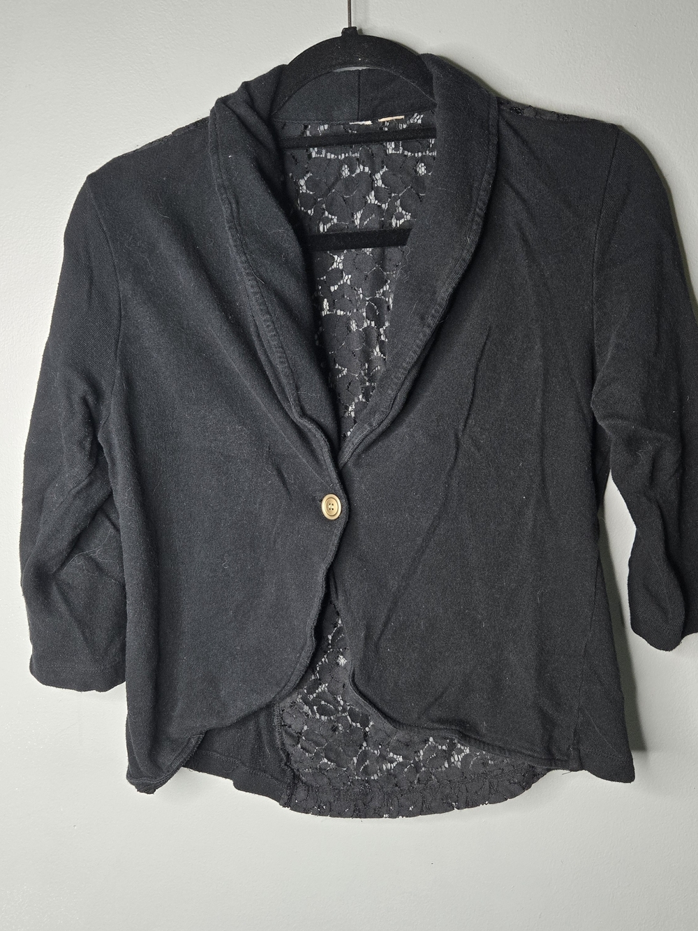 Black Lace Back Cropped Cardigan Blazer Women’s Medium 3/4 Sleeve Button Front